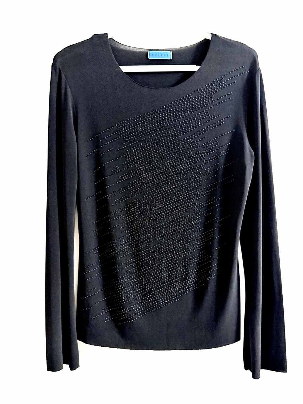 Velvet long-sleeve embellished mesh scoop neck top Black size L